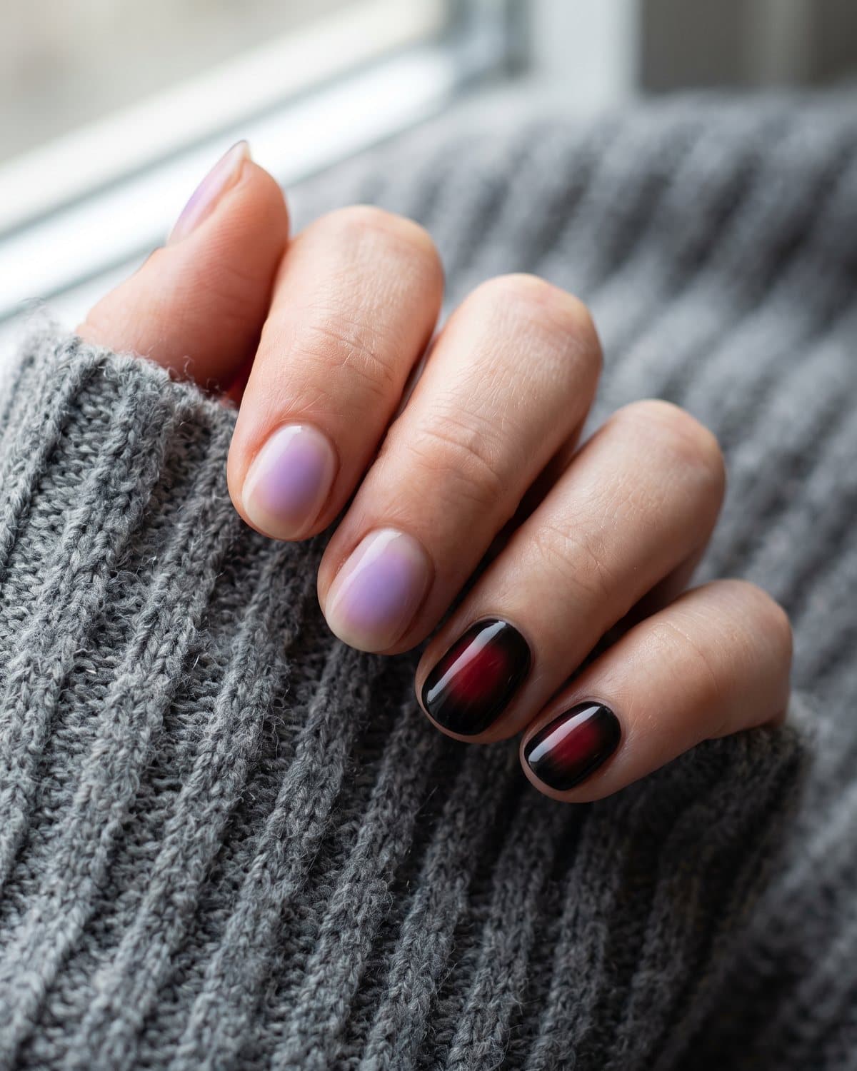 Short round nails with a soft lilac aura glow and dark aura nails with a red glow on a black base, on a grey knit