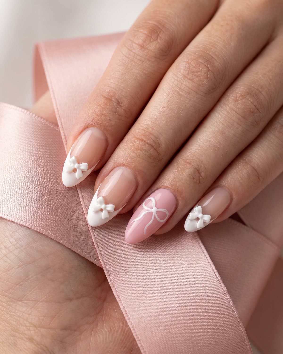 Almond nails with sheer nude and white French tips with a tiny white bow at the center, and pink nails with a thin ribbon bow outline