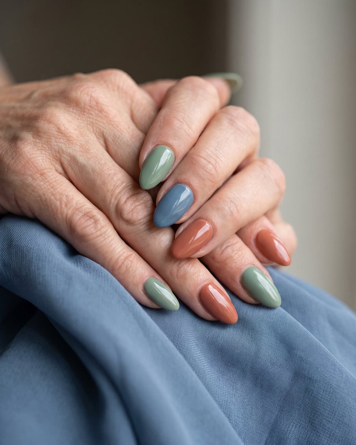 Glossy almond nails alternating sage green, dusty blue and terracotta, on dusty blue chiffon