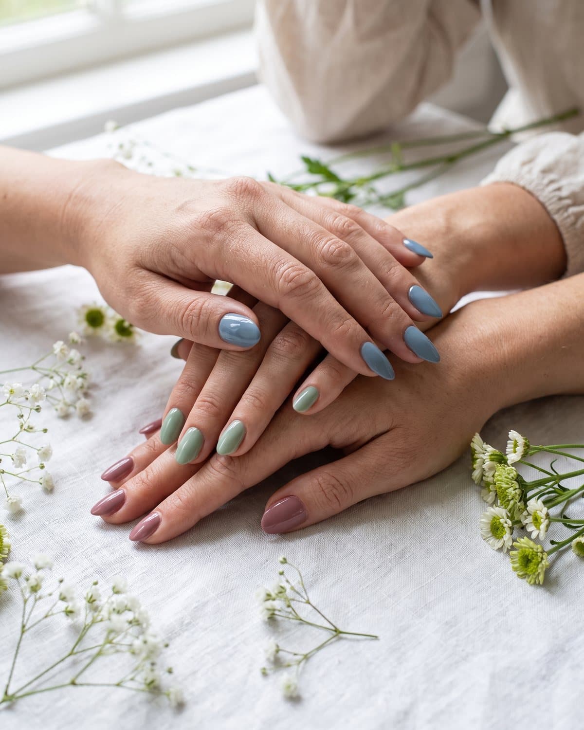 Three women's hands stacked together with almond nails in coordinated bridesmaid shades of mauve, sage and dusty blue, on a white tablecloth
