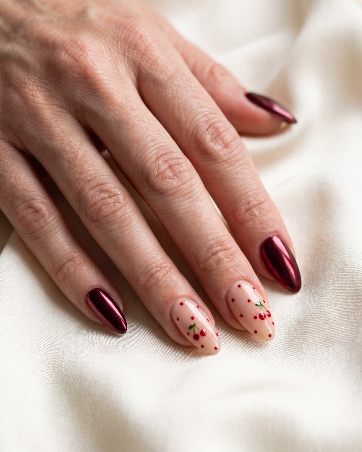 Almond nails with deep cherry wine metallic chrome and nude nails with small red polka dots and a tiny cherry, on cream silk