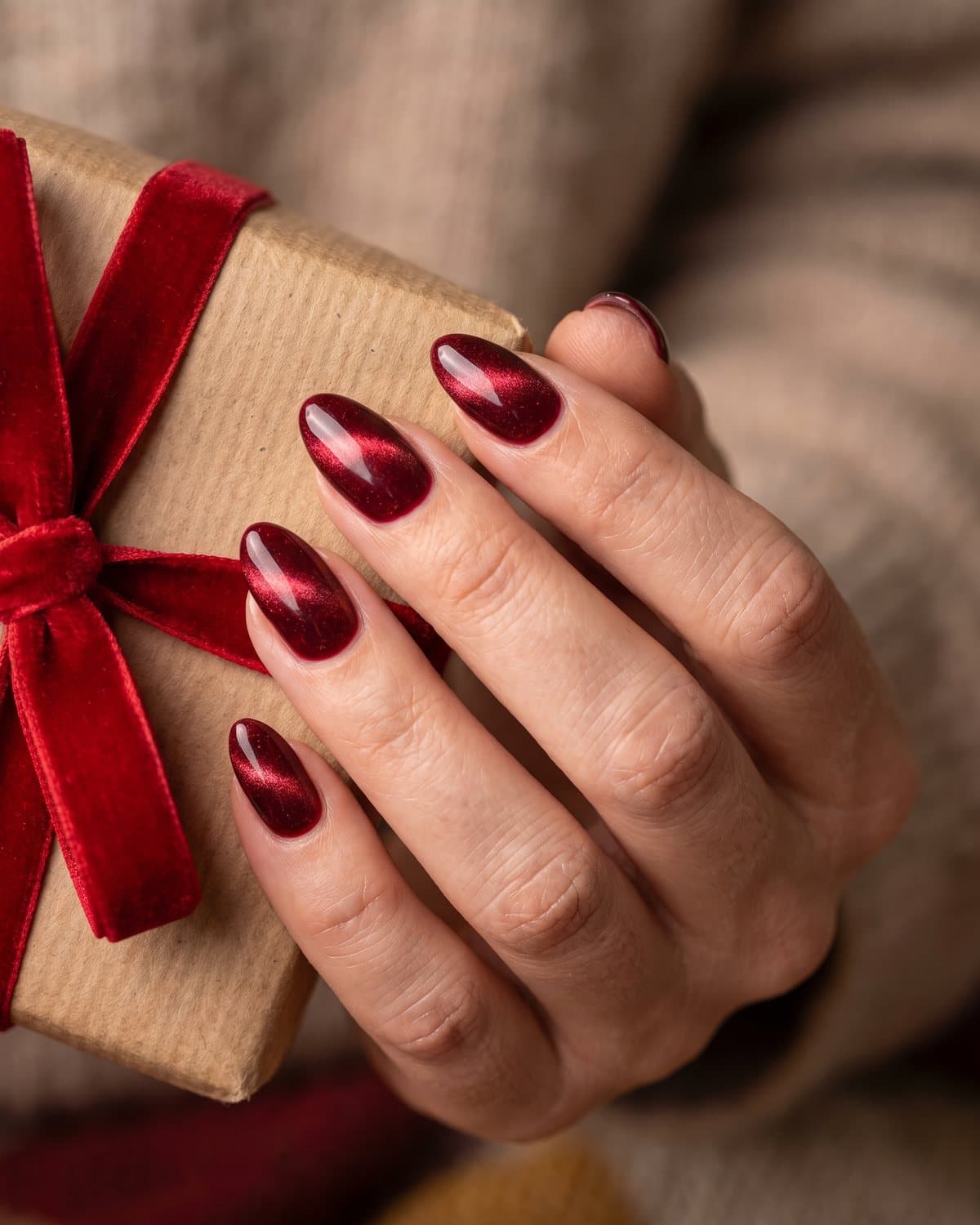 Almond nails in deep red velvet cat-eye with a glowing shimmer band, holding a gift wrapped in kraft paper with red velvet ribbon