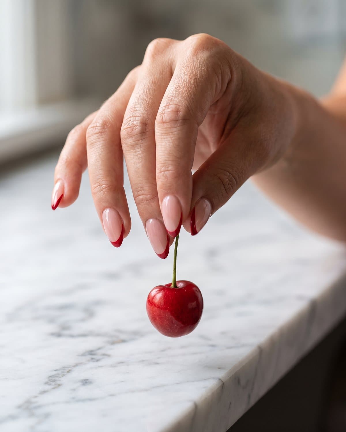 Almond nails with a sheer nude pink base and cherry red French tips, holding a single red cherry over white marble