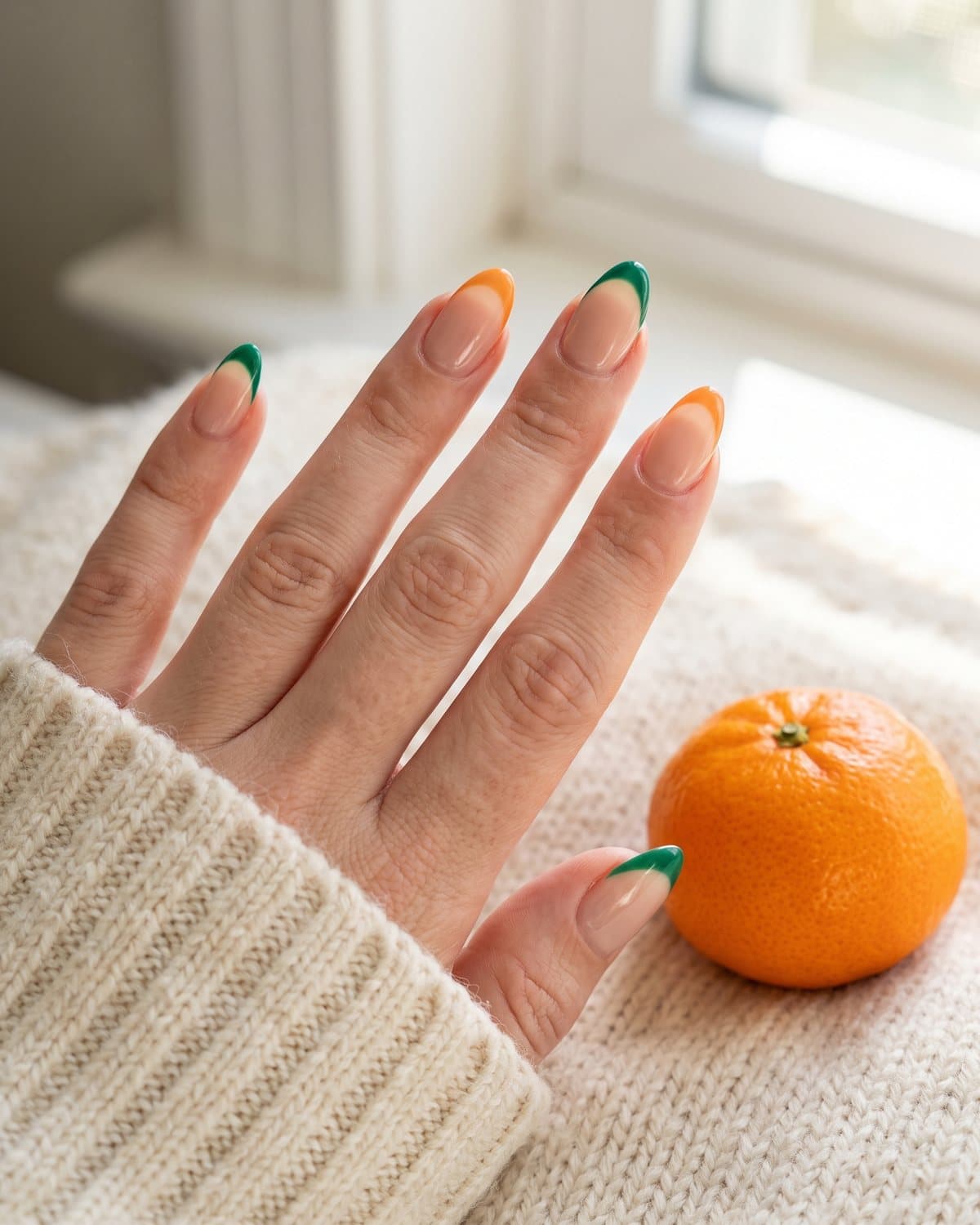 Almond nails with a sheer nude base and alternating emerald green and tangerine orange French tips, resting on a cream knit sweater