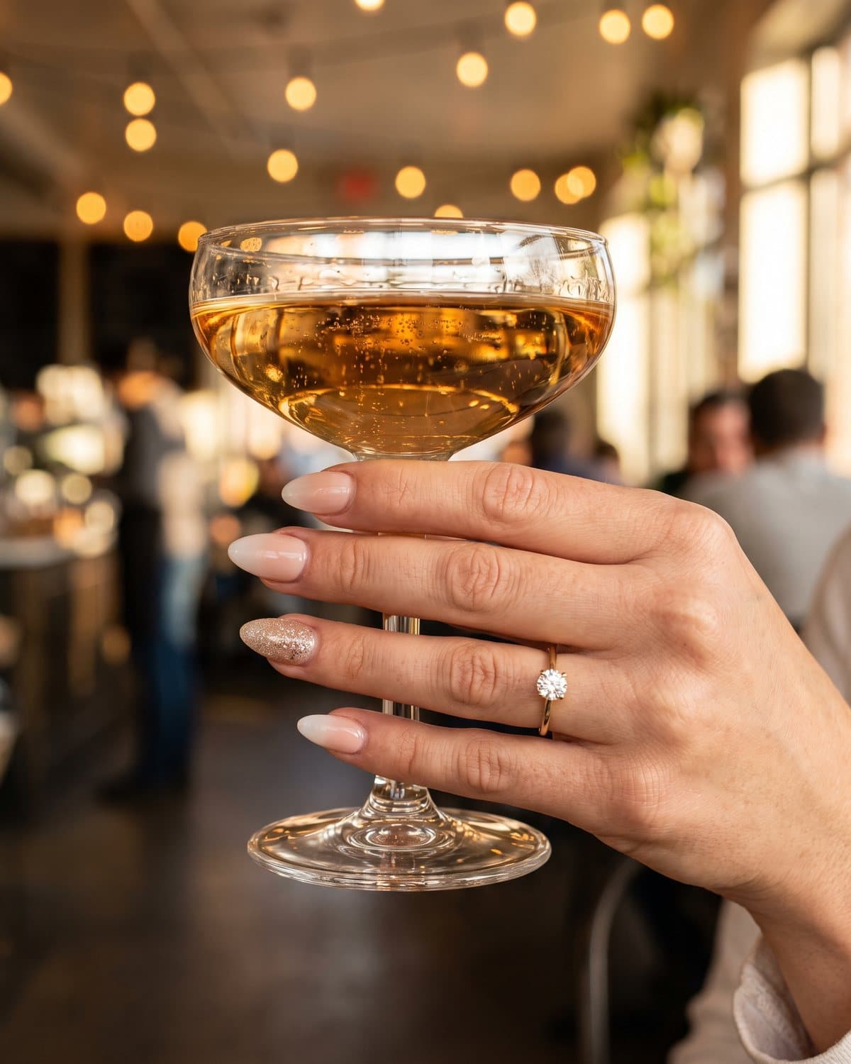 Almond nails with a soft nude-to-milky-white ombré and champagne shimmer, with an engagement ring, holding a champagne coupe