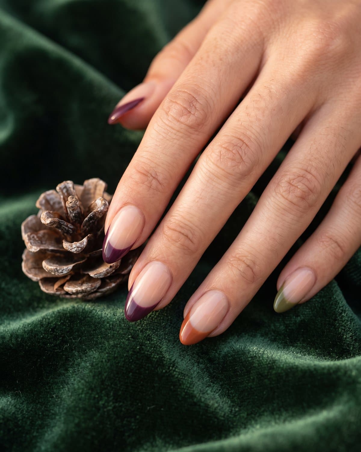 Almond nails with a sheer nude base and deep plum French tips mixed with rust and olive tips, on dark green velvet with a pinecone