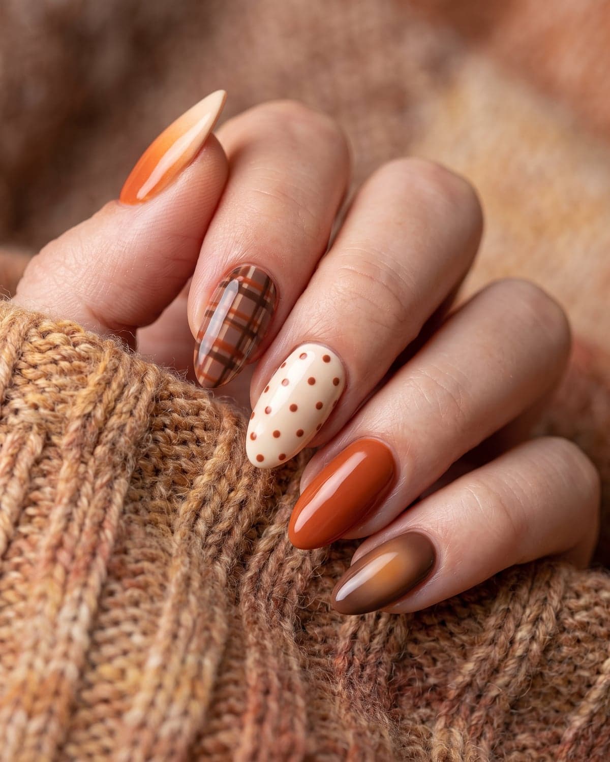 Pumpkin spice ombré, plaid, polka dot and caramel aura almond nails on a warm cream background