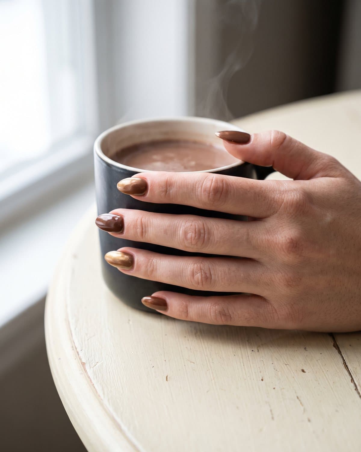 Almond chocolate brown nails with a golden pearl chrome glaze, holding a cup of hot chocolate