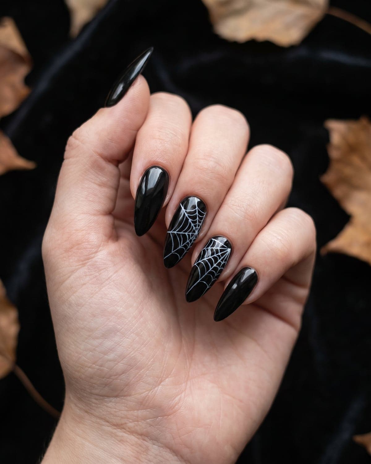 Spider web nail art in white on glossy black stiletto nails