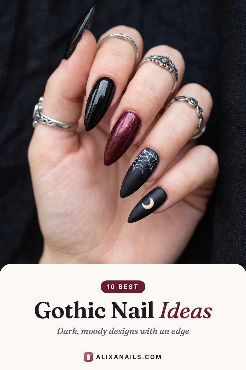 Pin graphic: 10 Best Gothic Nail Ideas — dark, moody designs with an edge, alixanails.com