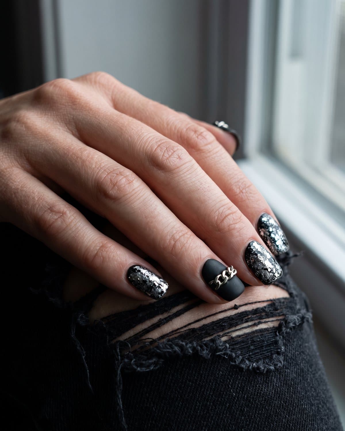 Short black nails with small 3D silver chain charms and chunky distressed silver glitter, resting on ripped black jeans