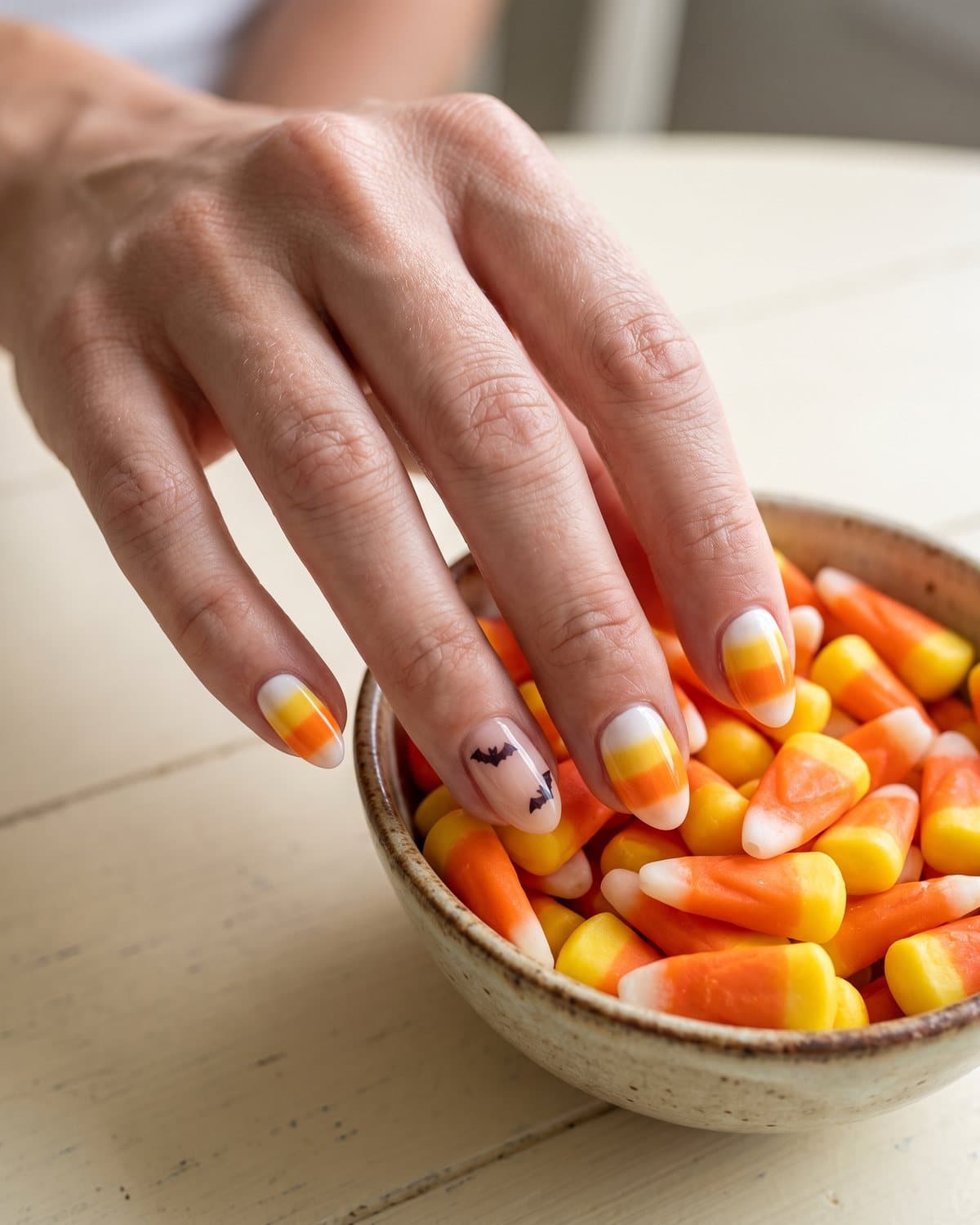 Candy corn gradient nails in white, yellow and orange alternating with nude nails with tiny black bats, reaching into a bowl of candy corn