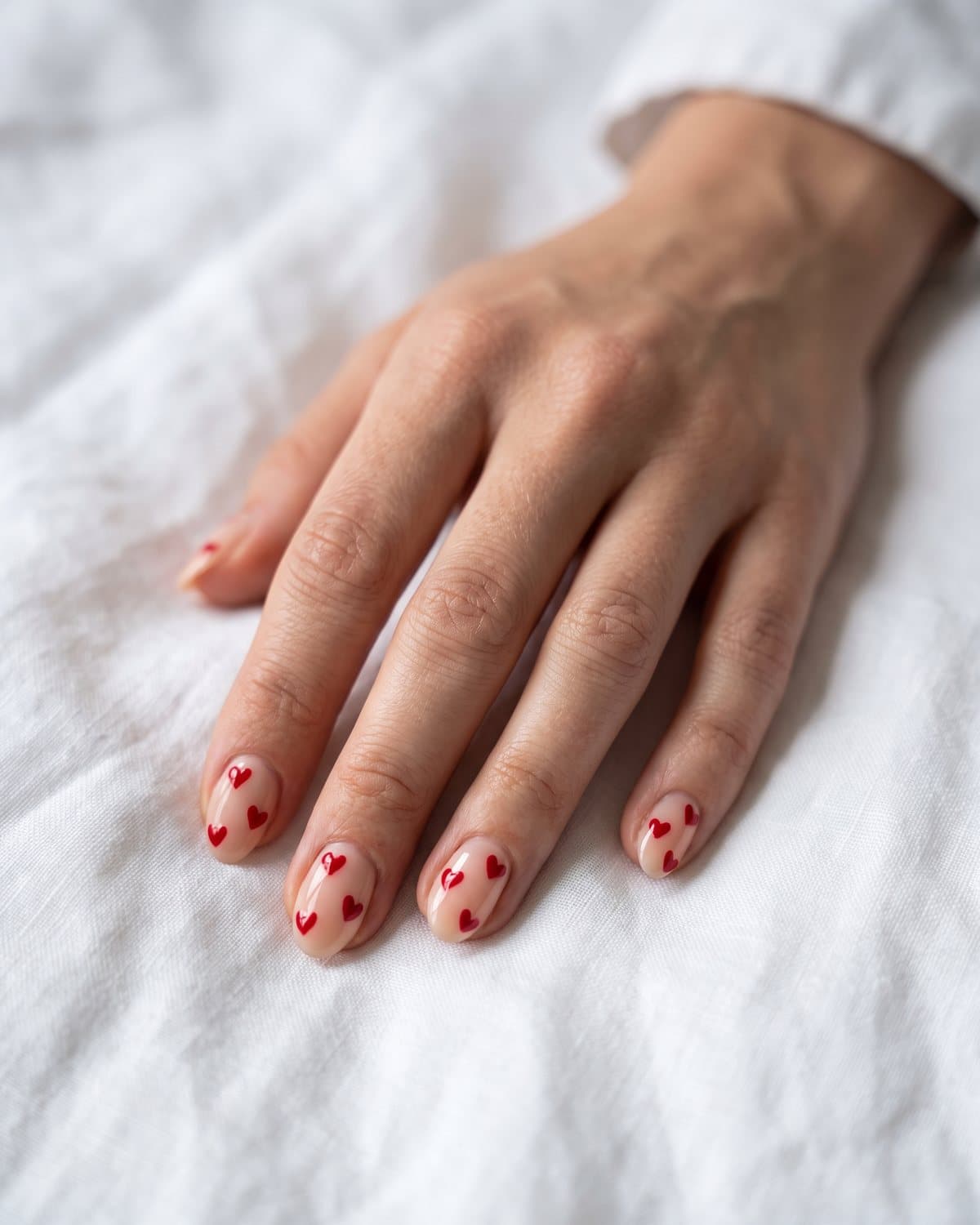 Short almond nails with a sheer nude base and tiny hand-painted glossy red hearts scattered on each nail, on white linen