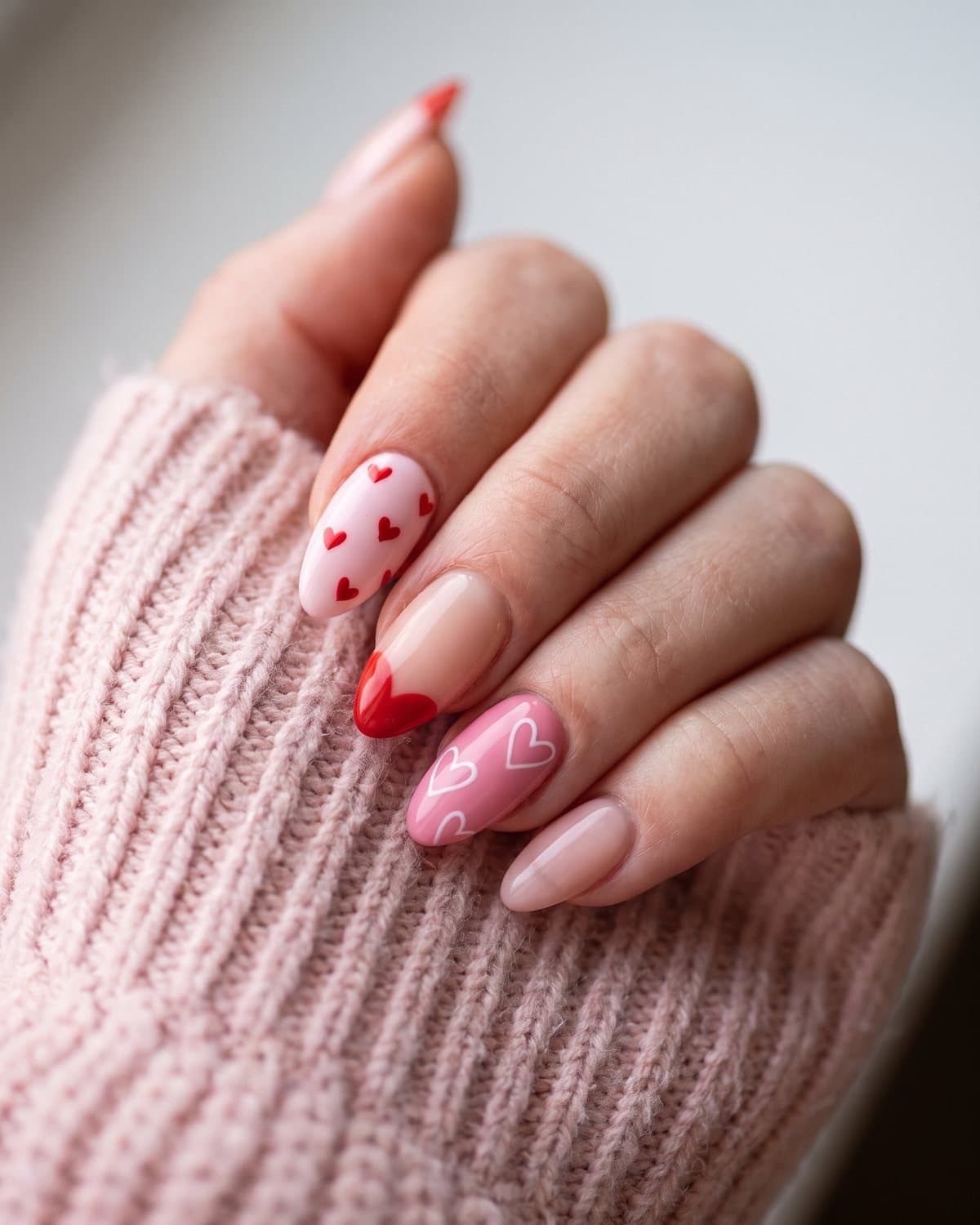 Almond nails with tiny pink hearts on pale pink, red heart-shaped French tips on nude and thin white heart outlines on pink, on a pink knit