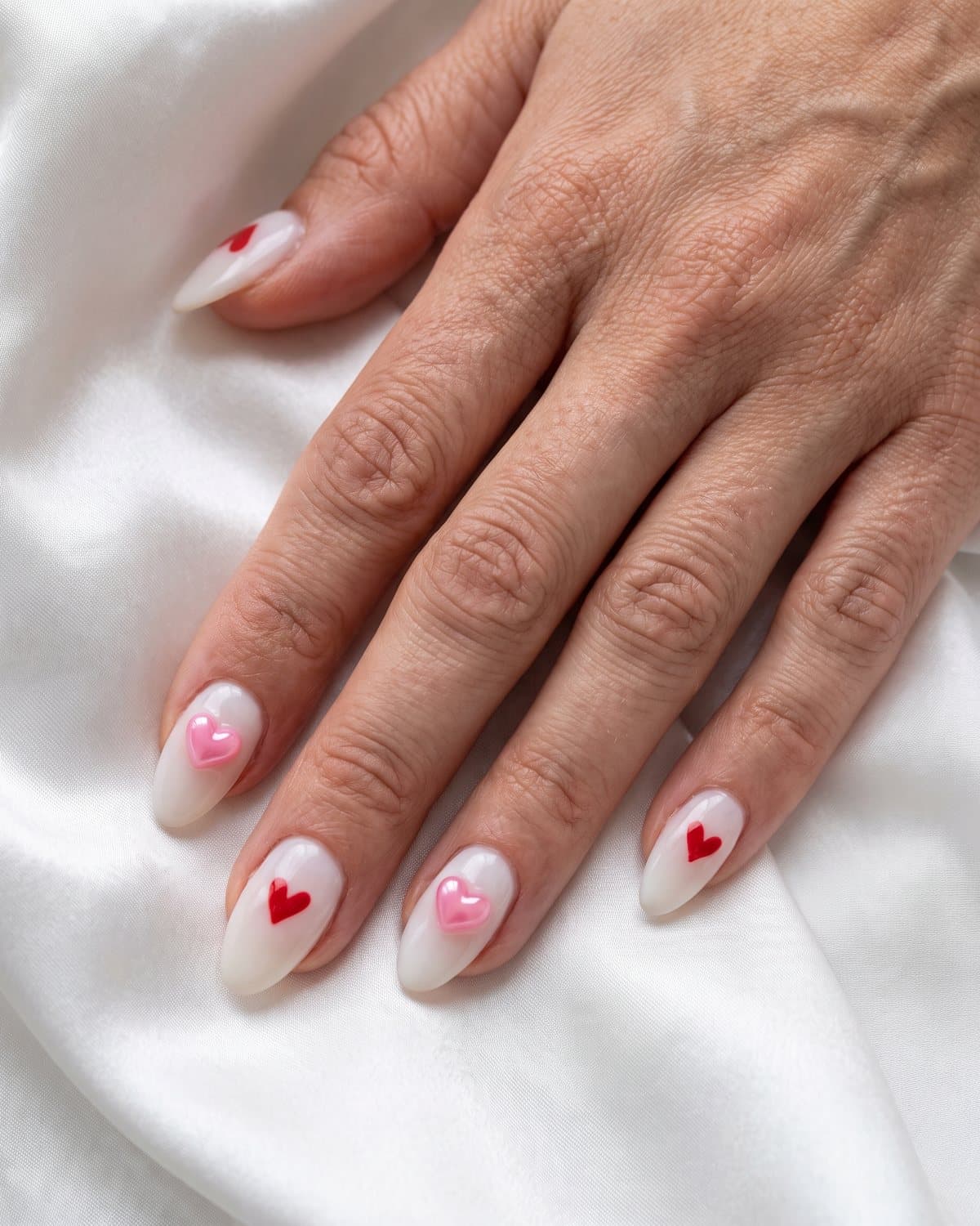 Almond nails in milky white with a 3D glossy pink heart charm and milky white with a single red painted heart, on white satin