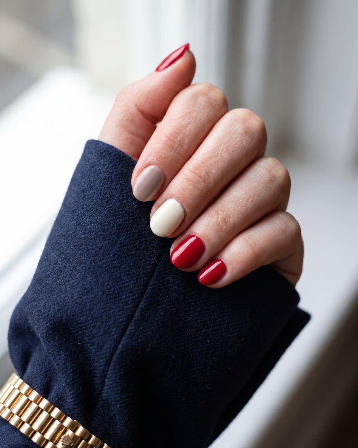 Short oval nails in classic glossy red, creamy ivory off-white and soft taupe, resting on a navy blazer sleeve with a gold watch