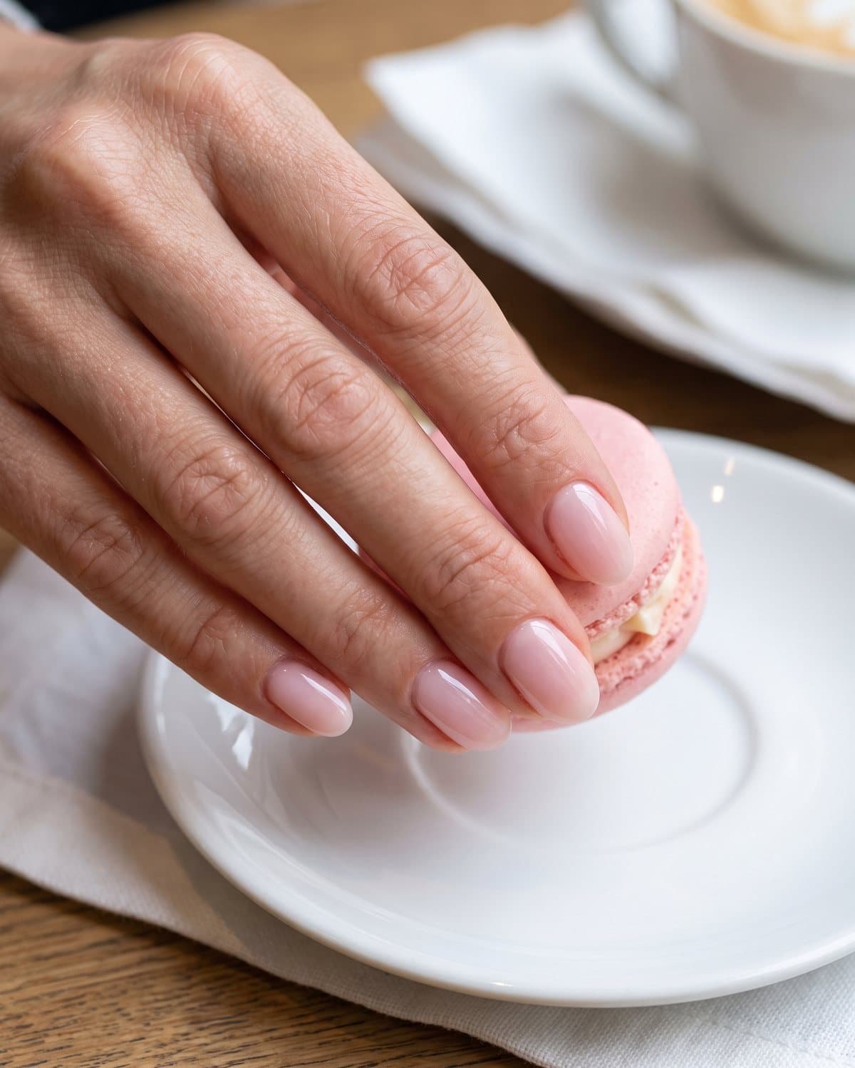 Short oval nails in a glossy sheer baby pink, holding a pink macaron over a white plate
