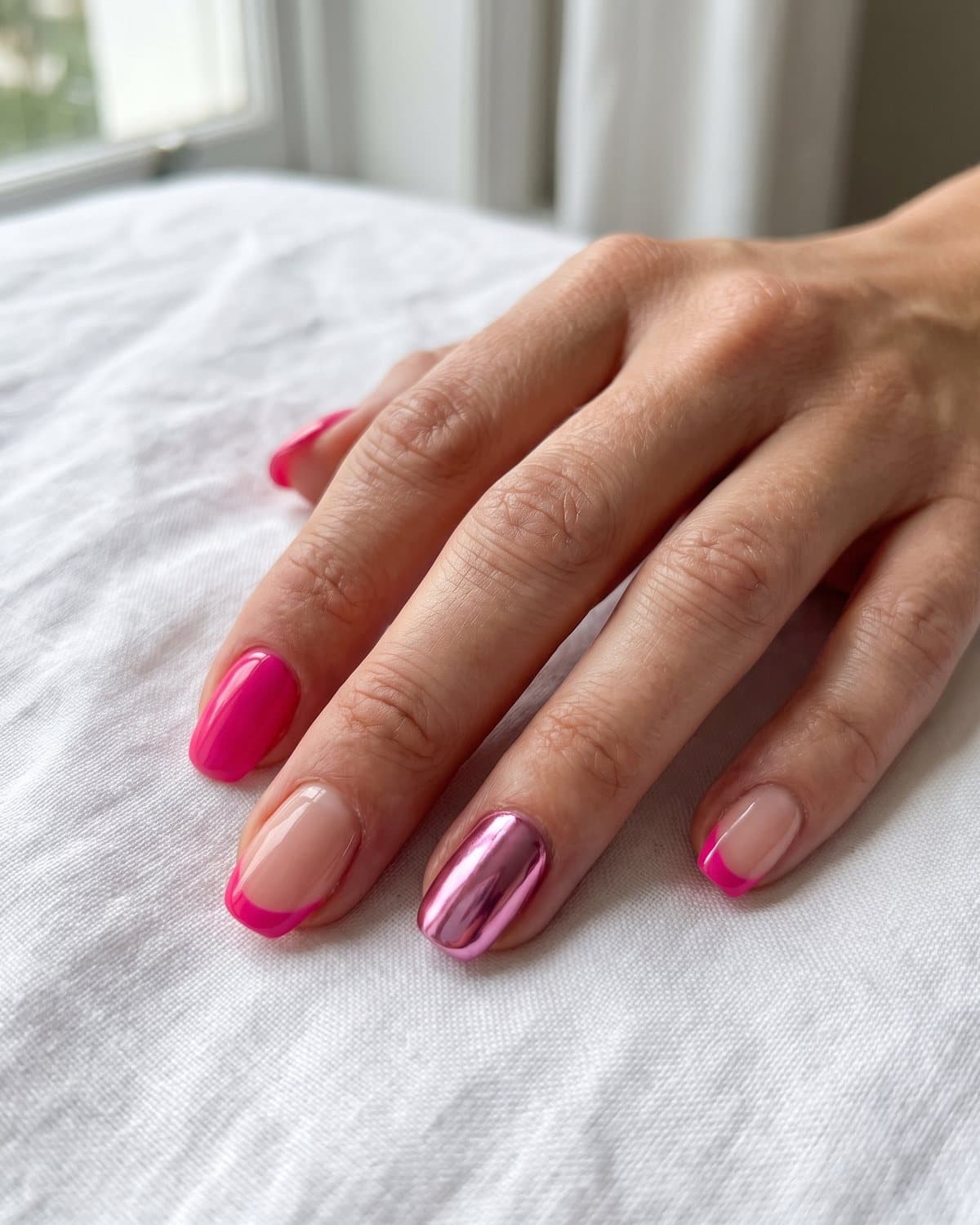 Almond nails with glossy hot pink, nude nails with bright pink French tips and a metallic pink chrome nail, on white linen