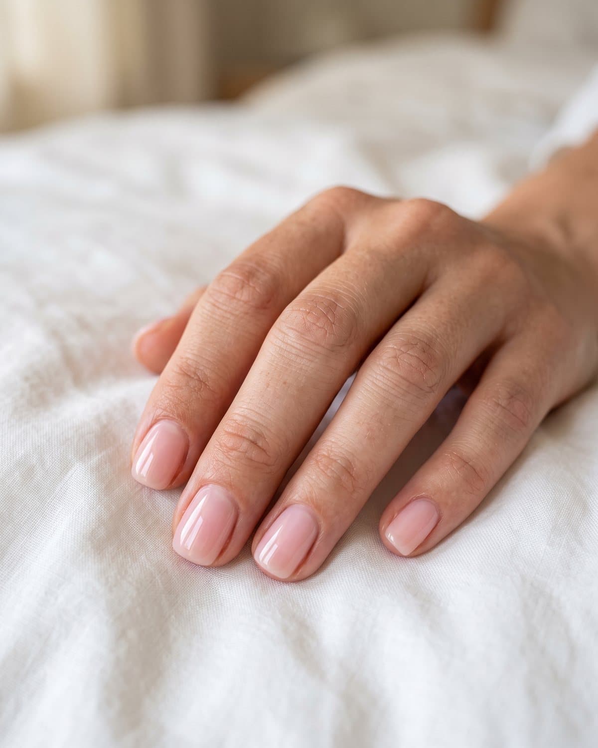 Short rounded squoval nails in a glossy milky pink builder gel with a thick glass-like shine, resting on white bed linen