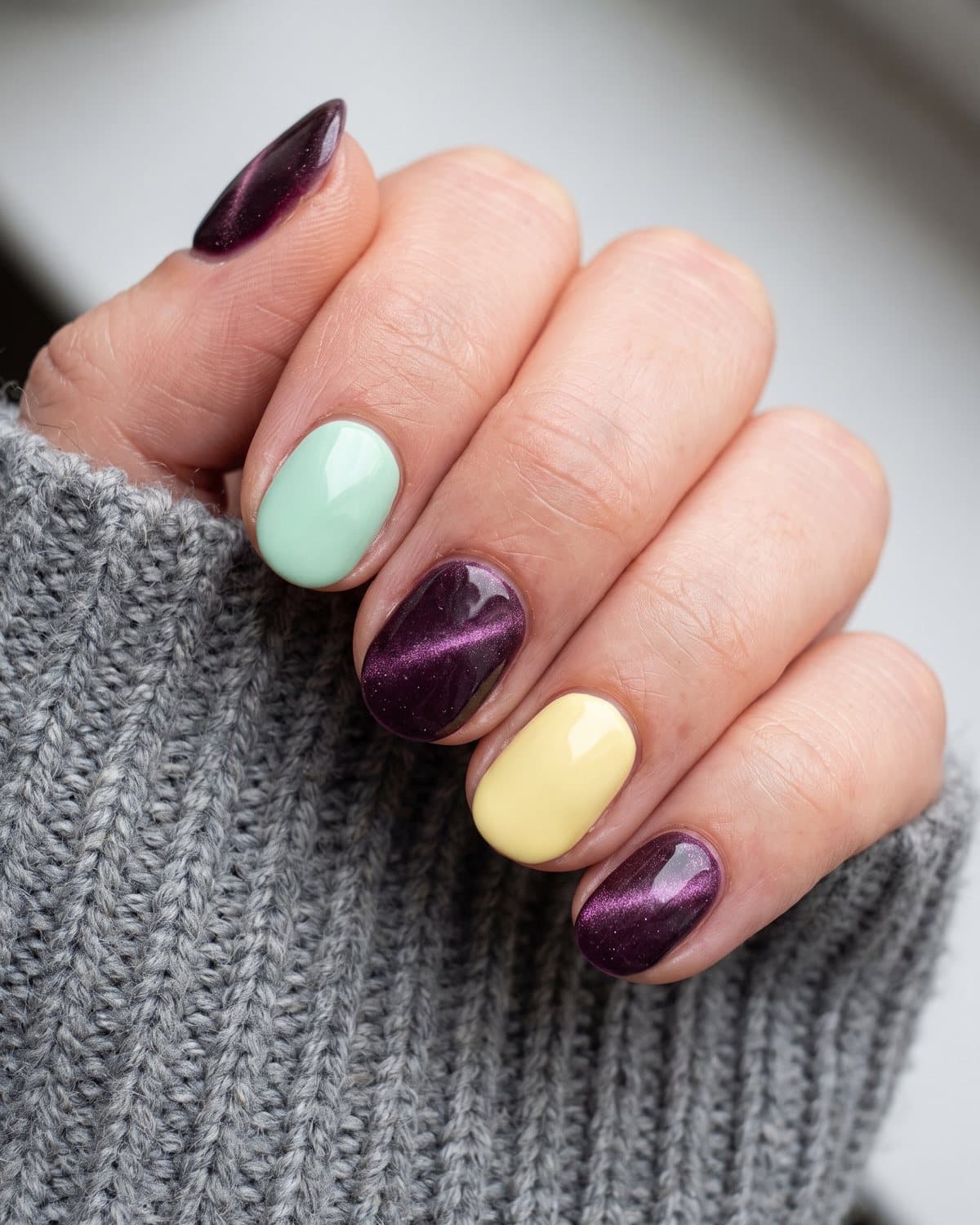 Short oval gel nails with deep plum velvet cat-eye and mismatched pastels in mint, butter yellow and baby blue