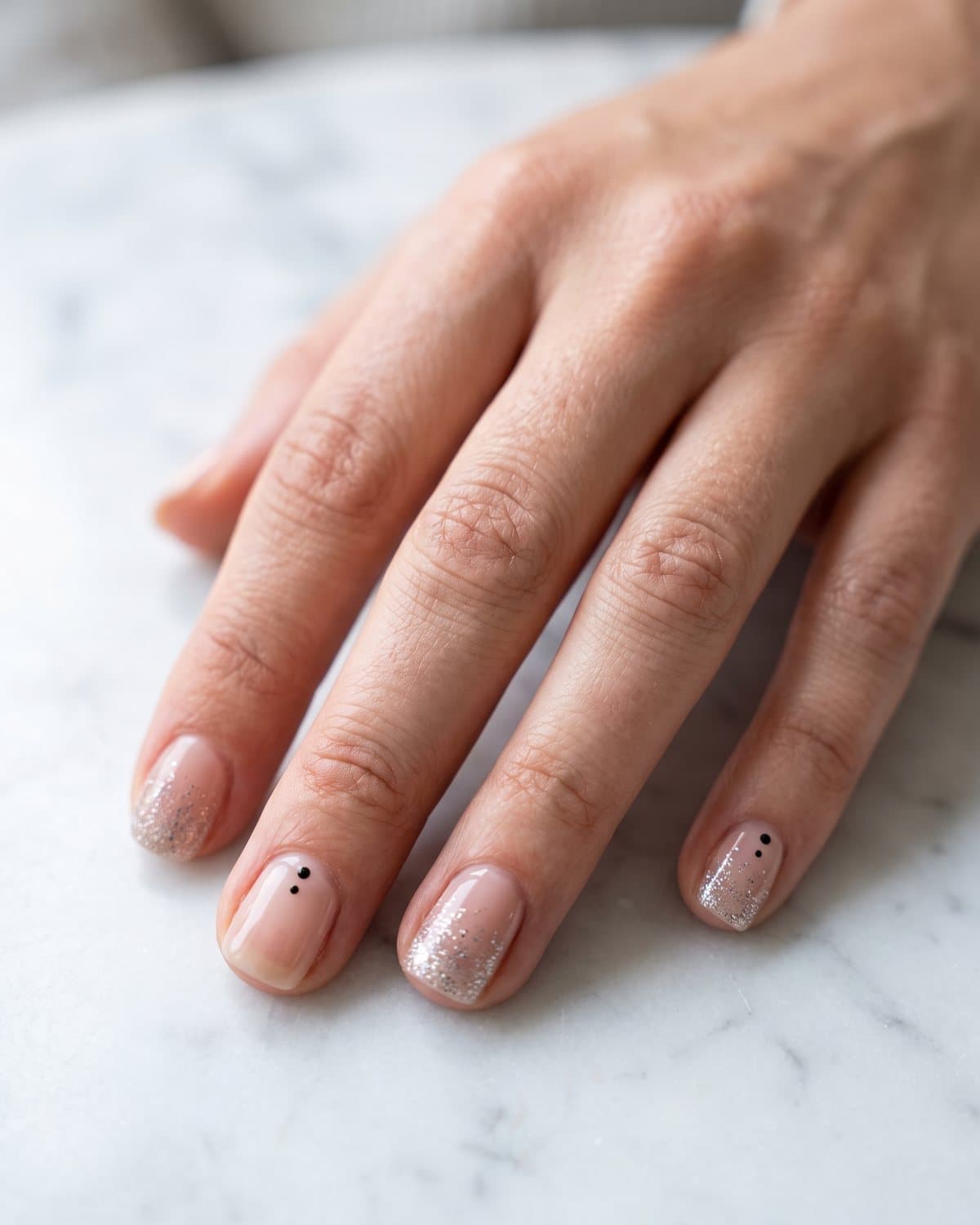 Short gel nails with tiny minimal black dots on a sheer nude base and nude nails with silver glitter fading from the tip