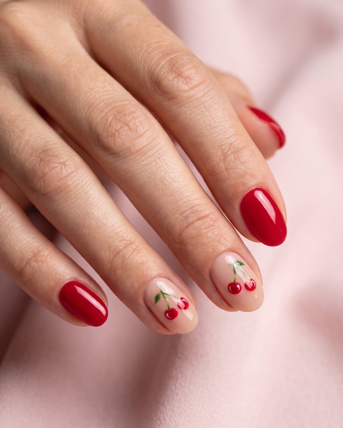 Short cherry red nails with cherry nail art accents on a light pink background