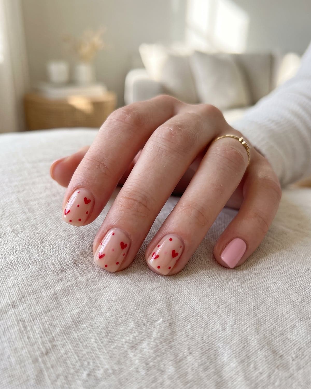 Short nude nails with tiny red hearts and polka dots, with a solid pink accent nail