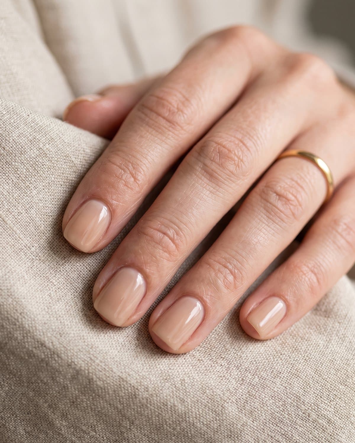 Short squoval nails in a glossy natural nude-beige, resting on beige linen with a gold ring