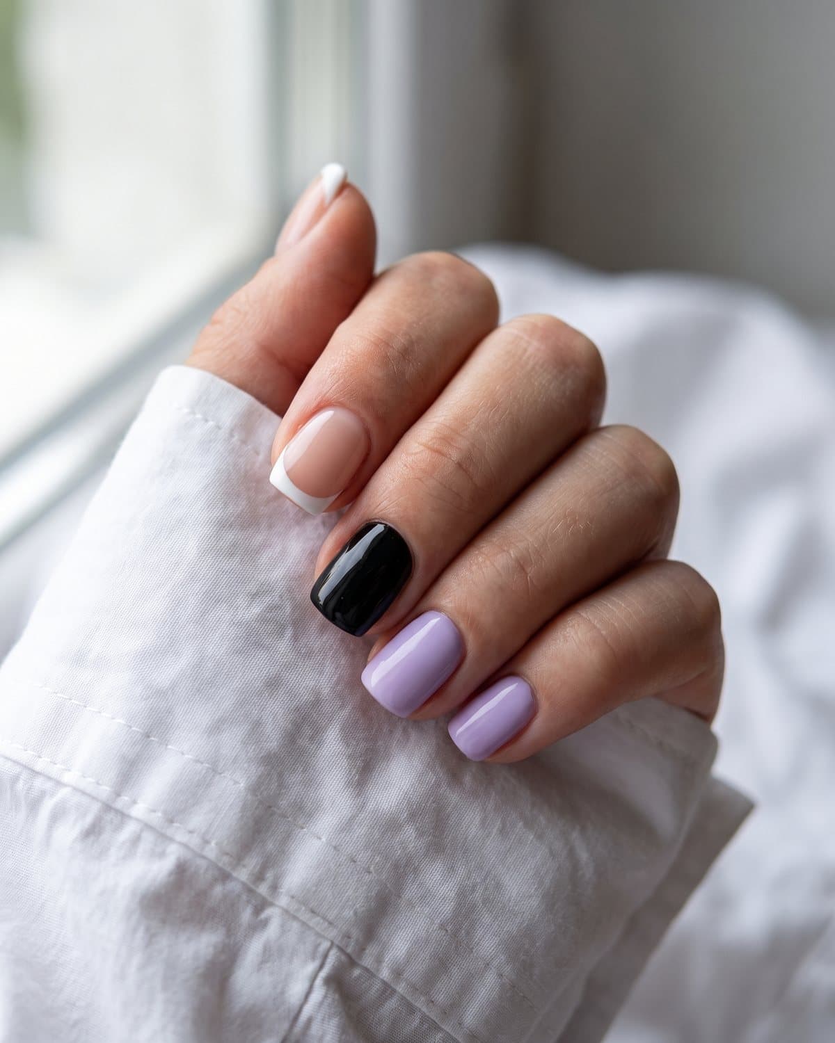 Short square nails with sheer nude and crisp white French tips, glossy black, and soft lavender, on a white cotton shirt