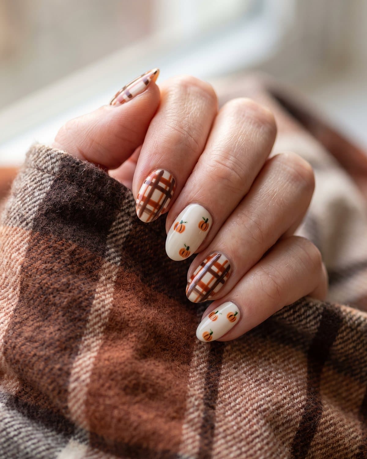 Short almond nails with brown, rust and cream flannel plaid and cream nails with tiny orange pumpkins, on a flannel blanket