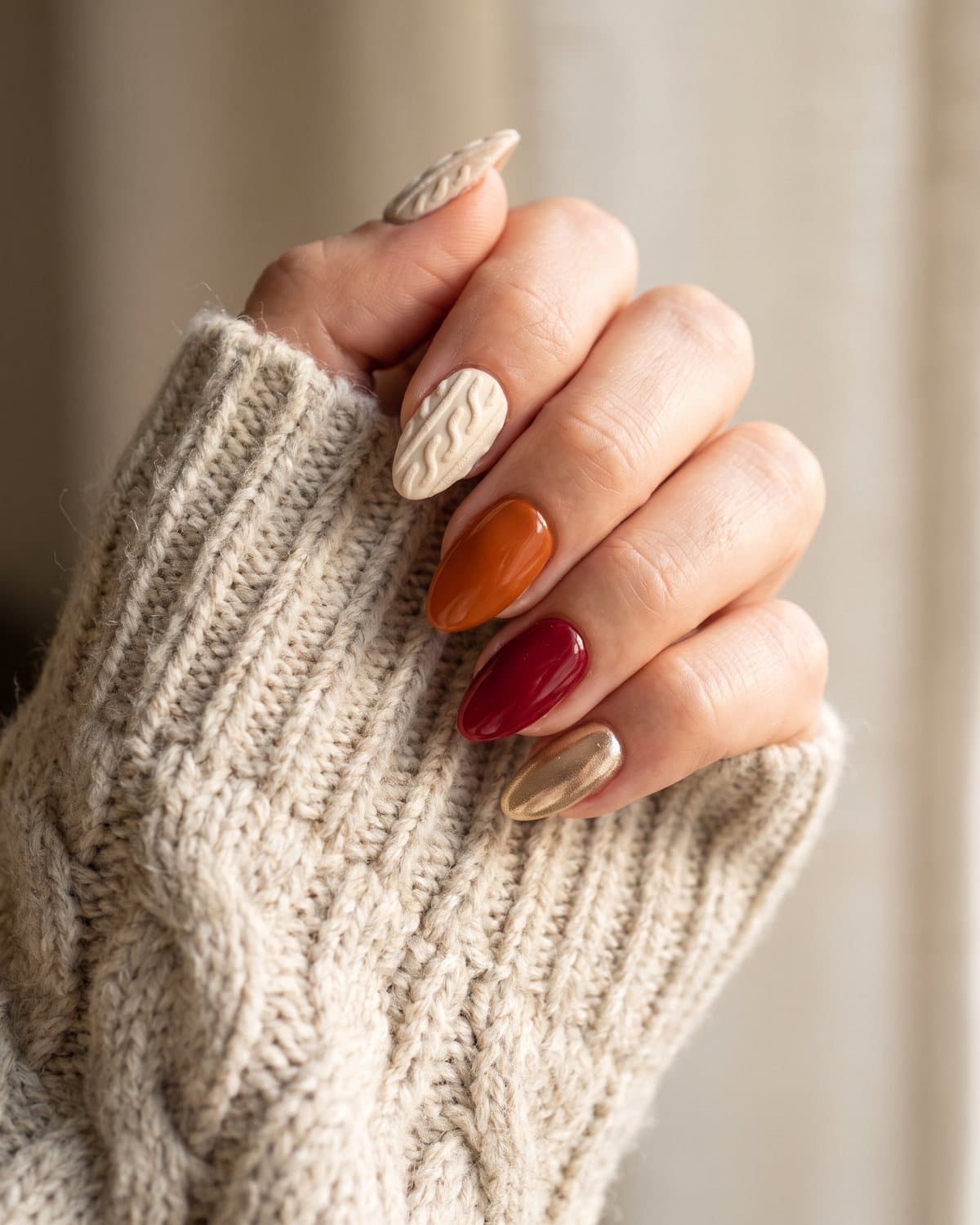 Almond nails mixing a cream cable-knit sweater texture with burnt orange, cranberry and gold chrome, tucked into an oatmeal knit sleeve