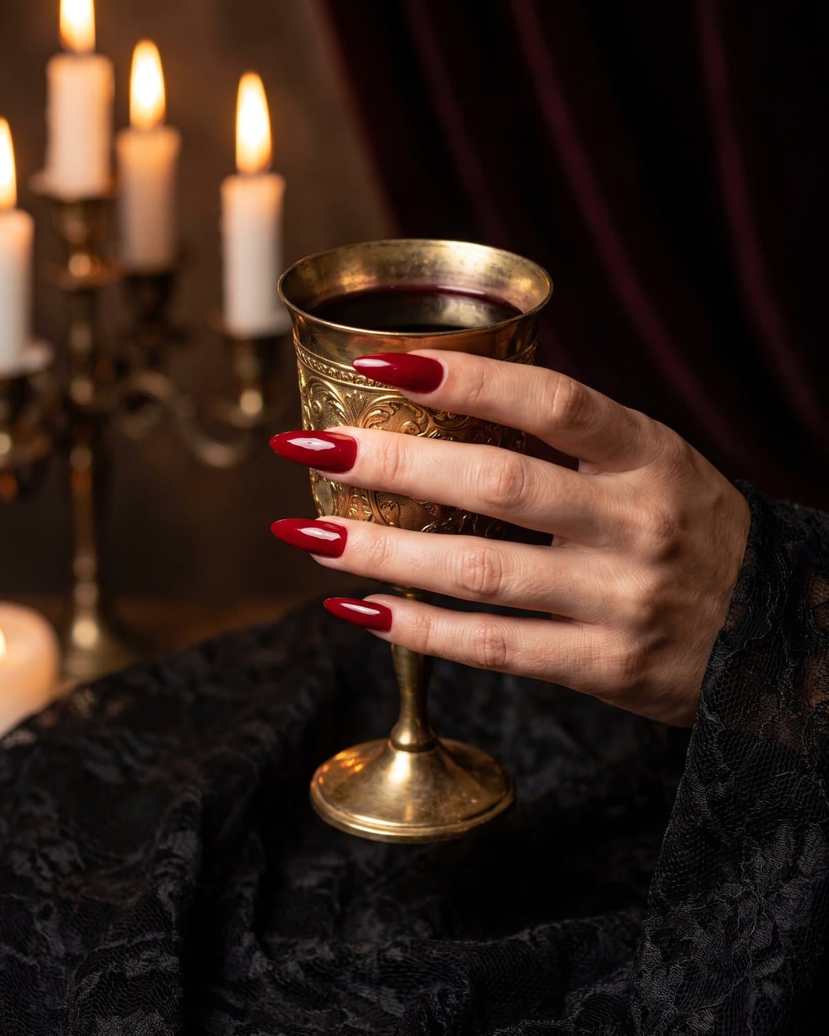 Long glossy blood red stiletto nails holding an antique gold goblet with candlelight and black lace
