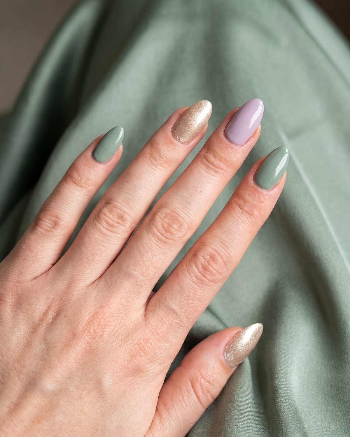 Glossy almond nails alternating between muted sage green, champagne gold shimmer and soft lilac, on sage satin