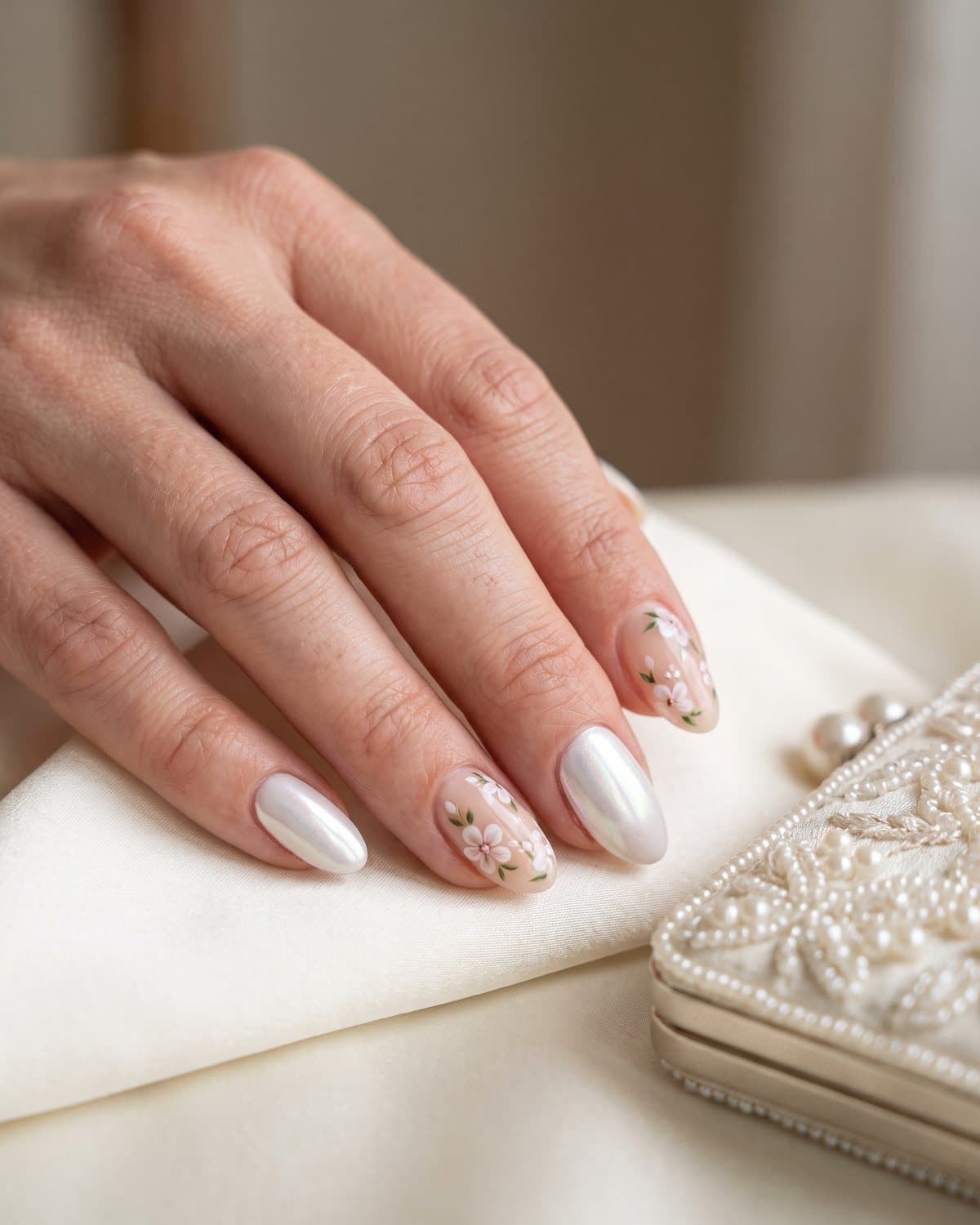 Oval nails with white pearl chrome and sheer nude nails with tiny white and pale pink flowers, on ivory silk beside a pearl clutch