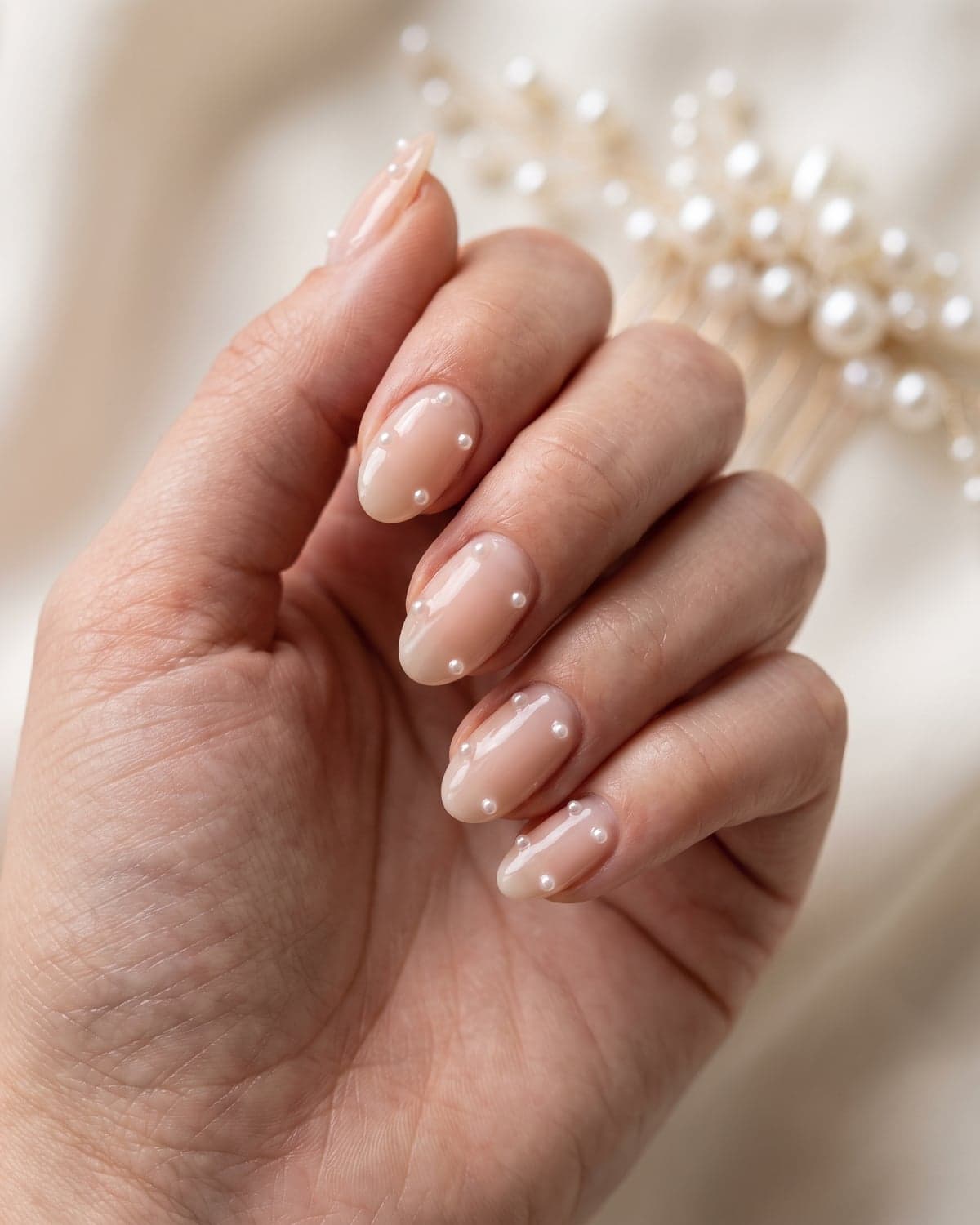Sheer nude oval bridal nails with pearl accents on a soft ivory background