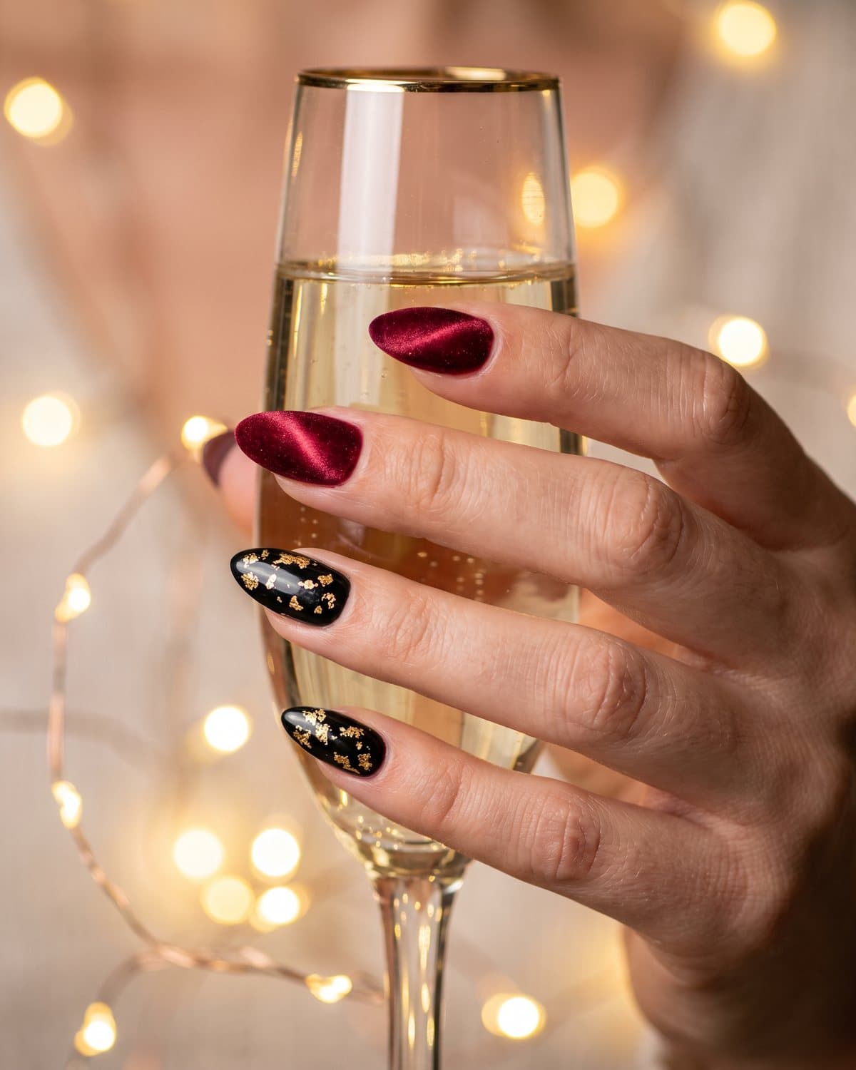 Almond nails in deep cranberry red velvet cat-eye and black nails with gold foil accents, holding a champagne flute with festive lights