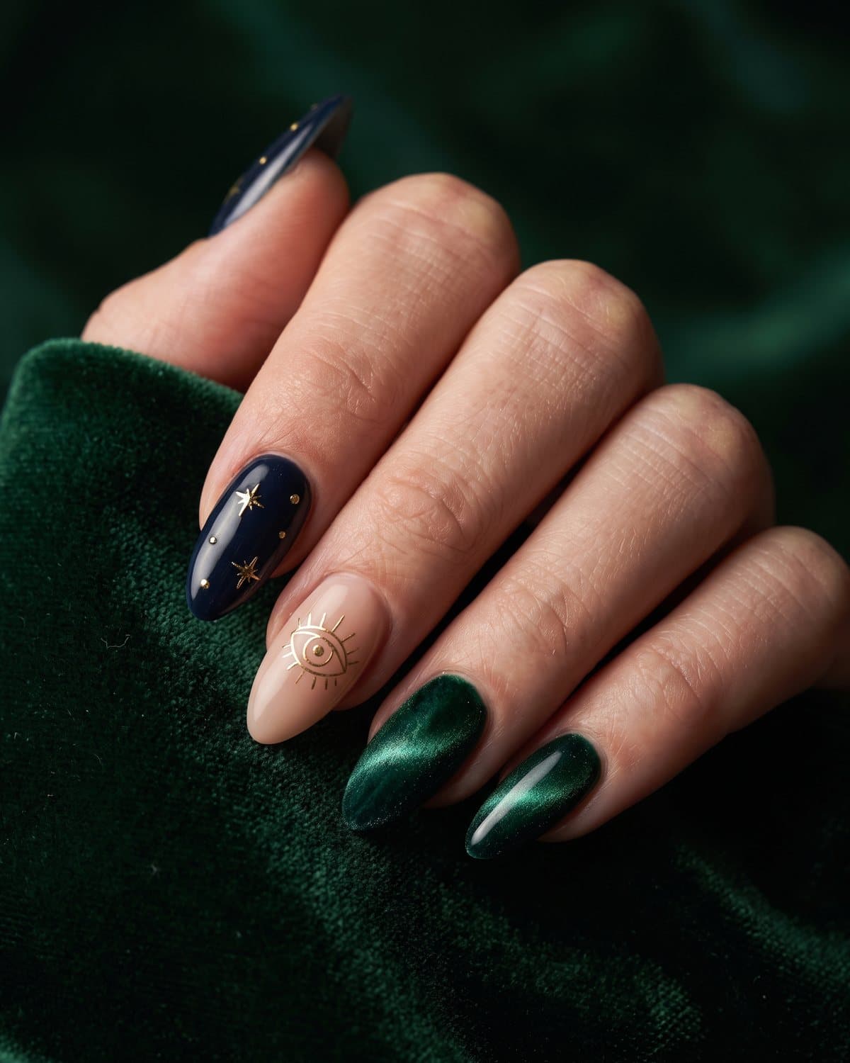 Almond nails with midnight navy and tiny gold stars, a nude nail with a gold mystic eye and emerald velvet cat-eye nails, on dark green velvet
