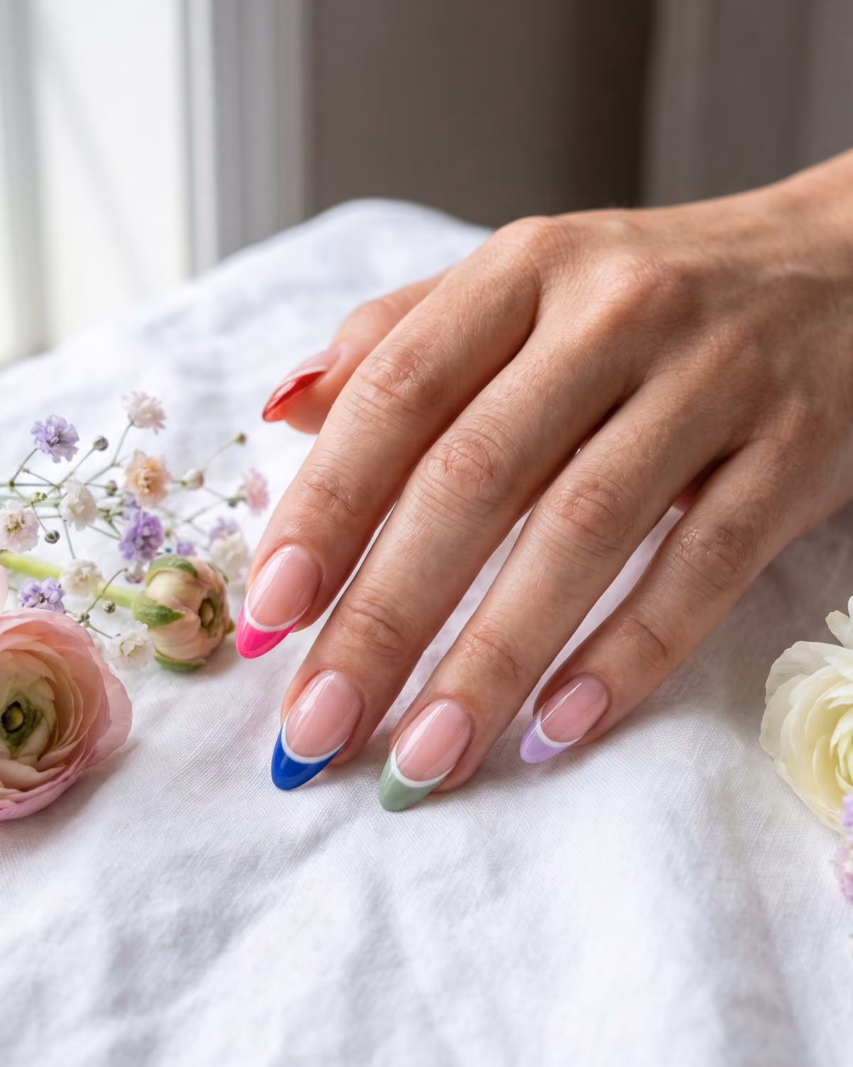 Almond nails with a sheer pink base and colored French tips in cherry red, hot pink, cobalt blue, sage green and lilac on white linen