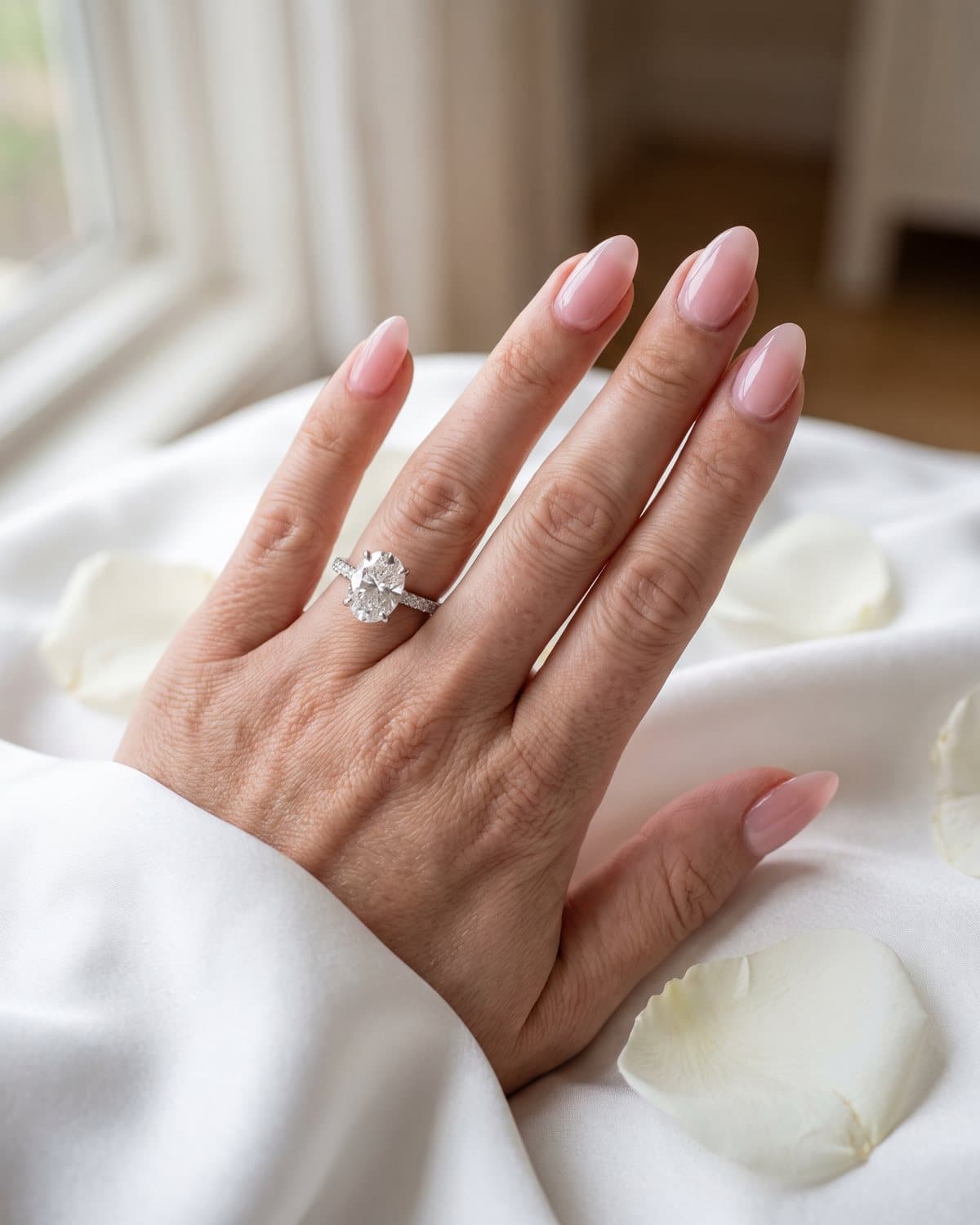 Hand with a sparkling oval diamond engagement ring and glossy almond nails in sheer soft pink, on white silk with rose petals