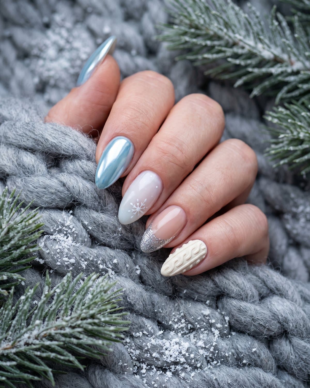 Almond winter nails in icy blue chrome, milky white with a snowflake, silver glitter tips and a cream sweater-knit nail on a grey wool blanket with pine