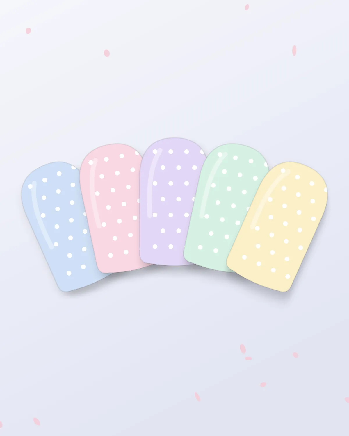 Pastel polka dot oval nails in blue, pink, lilac, mint and yellow on a soft pastel background