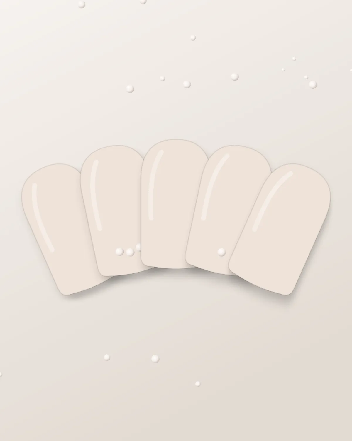 Glossy nude oval nails with delicate pearl accents on a greige background