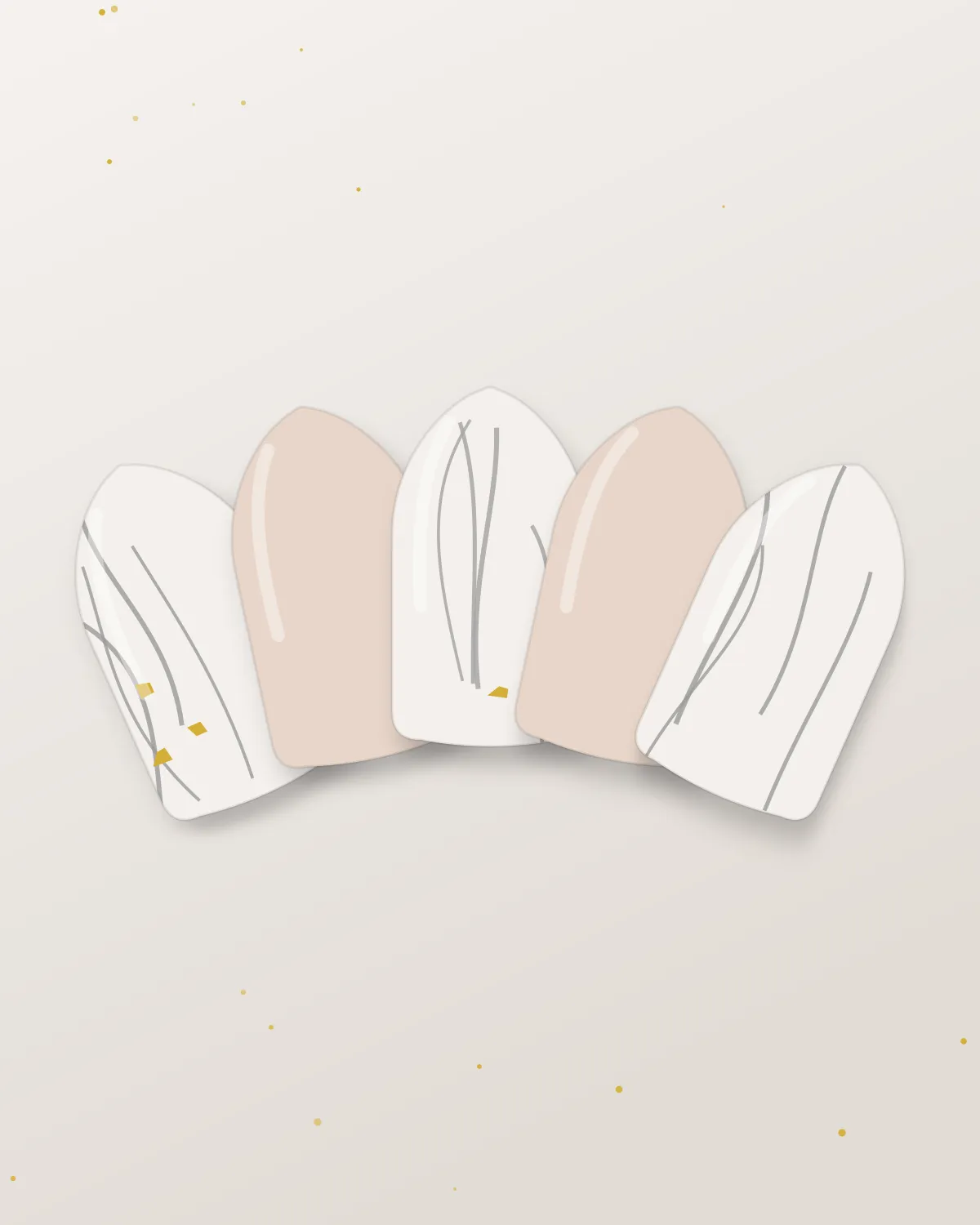 White marble almond nails with gold foil and nude accent nails on a soft neutral background