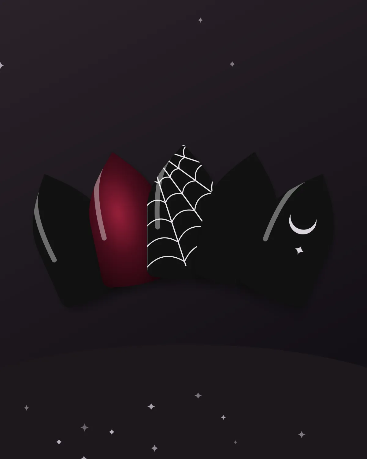 Gothic nail set with glossy black, oxblood velvet, spider web, matte black and moon designs on stiletto nails