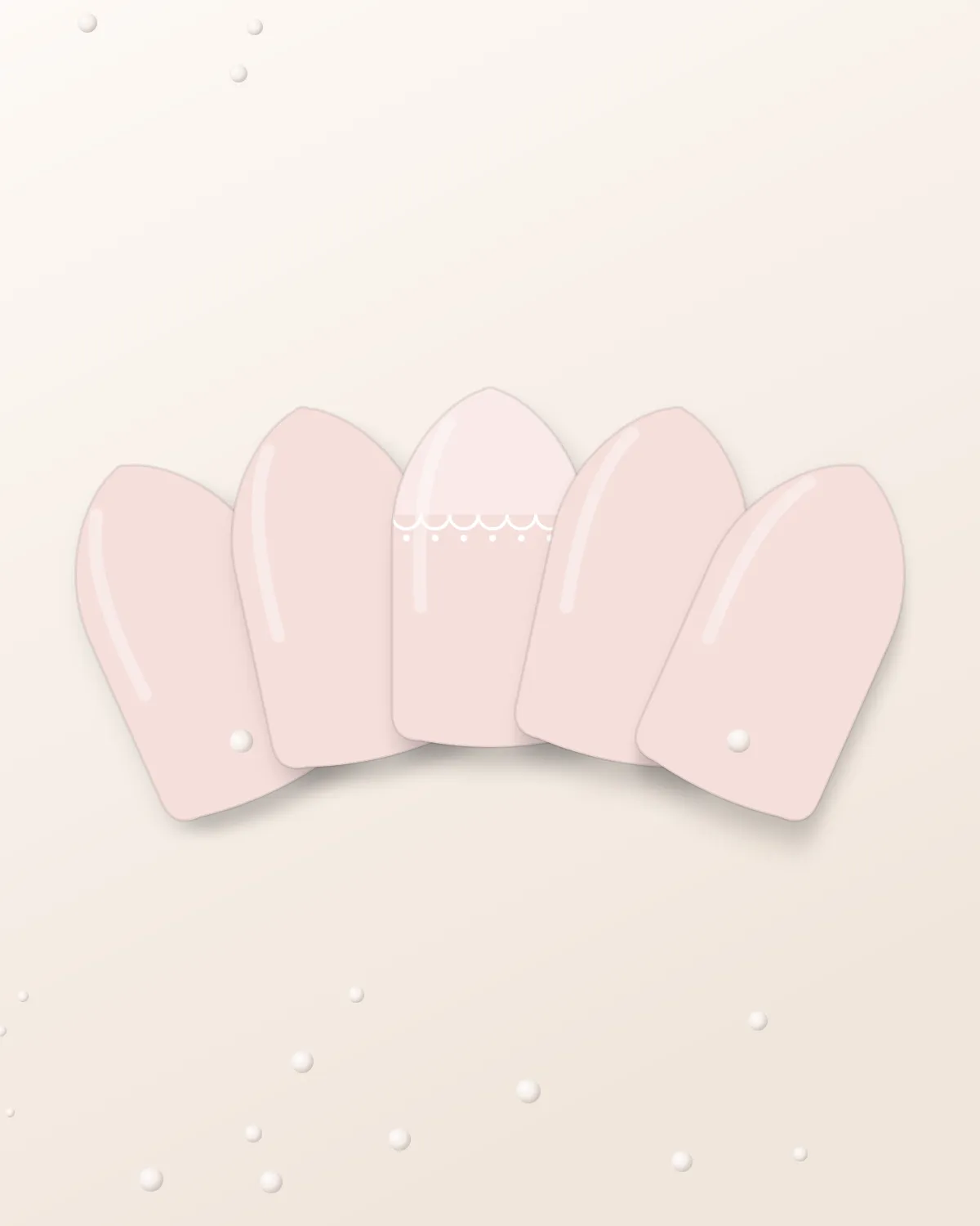 Sheer pink almond wedding nails with pearl accents and a white lace tip on an ivory background